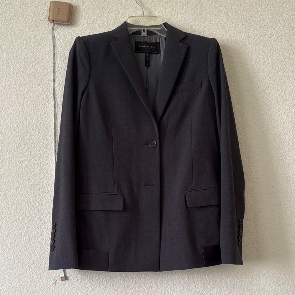BCBGMaxAzria Women's Dark Charcoal Blazer contrast satin trim